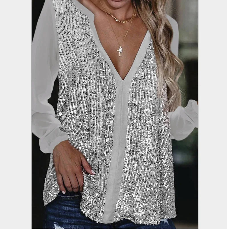 Vera | Blusa Holgada con Cuello en V y Lentejuelas para Mujer