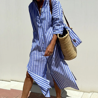 Vestido camisero a rayas con diseño elegante para uso diario o eventos