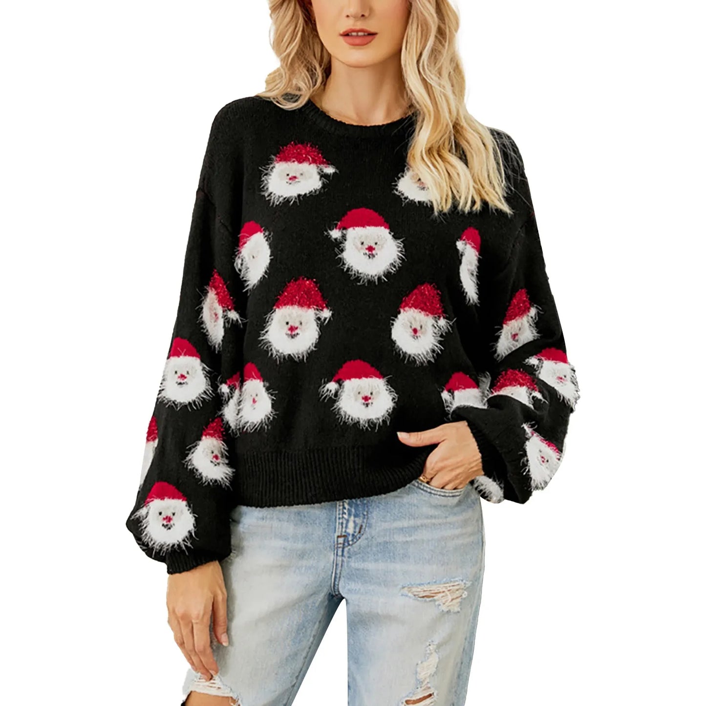 Klara | Cálido jersey de punto con escote redondo y cabeza de Papá Noel de patchwork para mujer