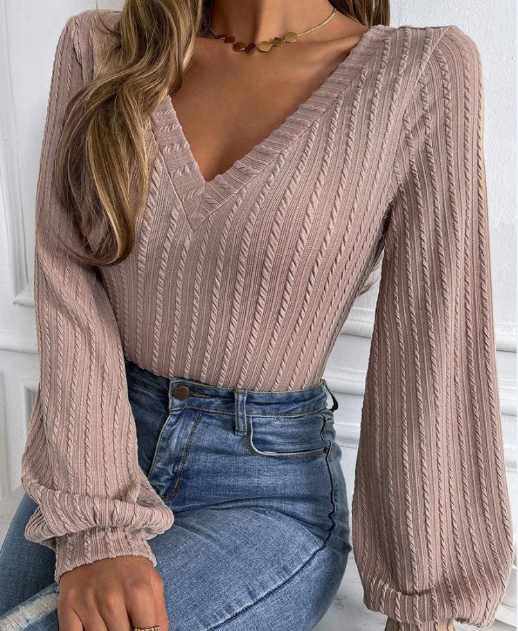 Lena | Elegante top de punto con cuello en V y manga larga para mujer