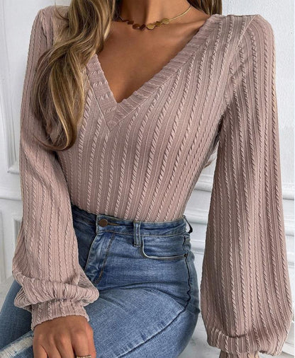 Lena | Elegante top de punto con cuello en V y manga larga para mujer