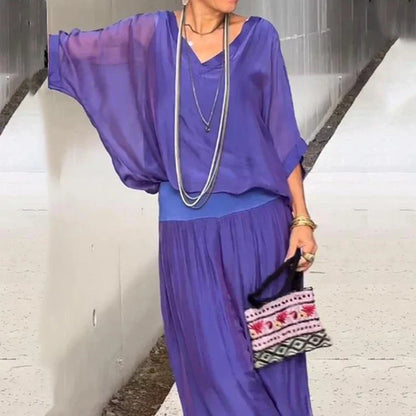 Elegante top de gasa con pantalón-conjunto de dos piezas
