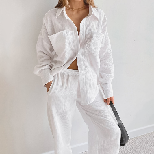 Angela - Confortable conjunto de otoño de algodón blanco para mujer