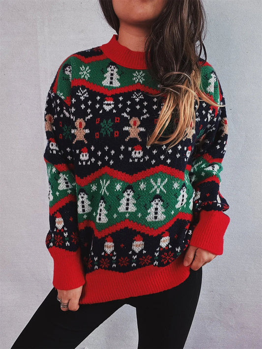 Teresa | Jersey de punto oversize con escote redondo y estampado navideño para mujer