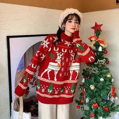 Jelena | Cálido jersey de punto con escote redondo y estampado navideño para mujer