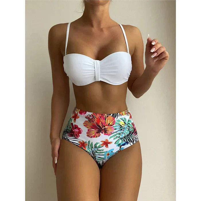 Bikini chic de cintura alta con estampado floral