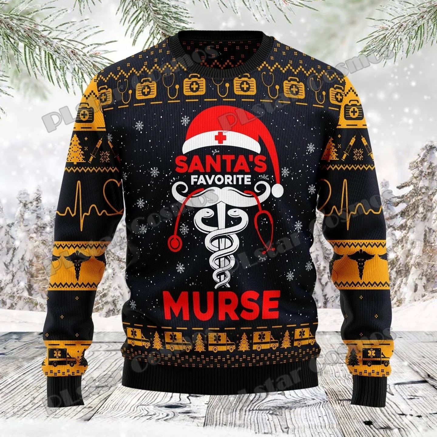 Lothar | Cálido jersey con escote redondo y estampado de terror en 3D de Papá Noel para hombre