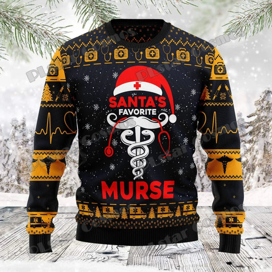 Lothar | Cálido jersey con escote redondo y estampado de terror en 3D de Papá Noel para hombre