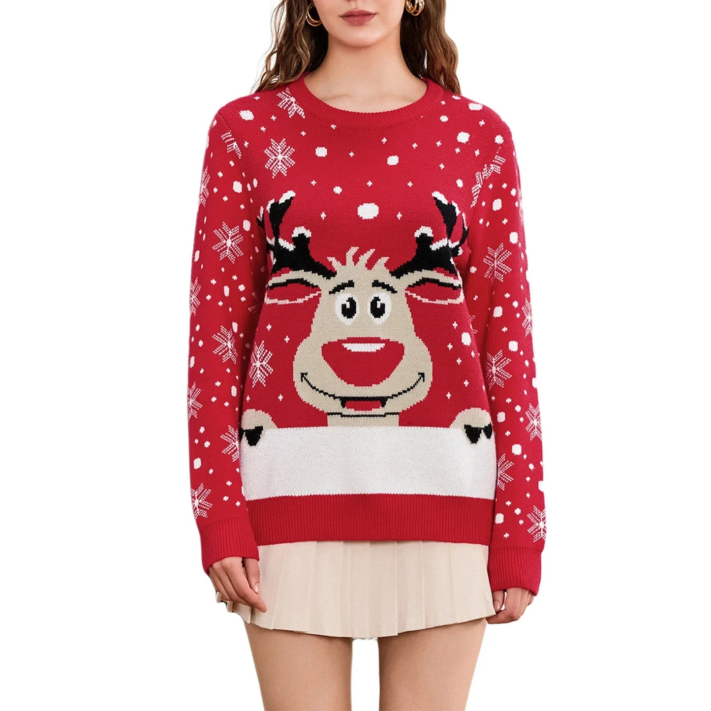 Rudi | jersey de punto con escote redondo y estampado navideño de renos para hombre y mujer
