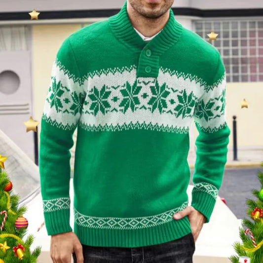 Gifer | Cálido jersey de jacquard con escote redondo y estampado navideño de copos de nieve para hombre