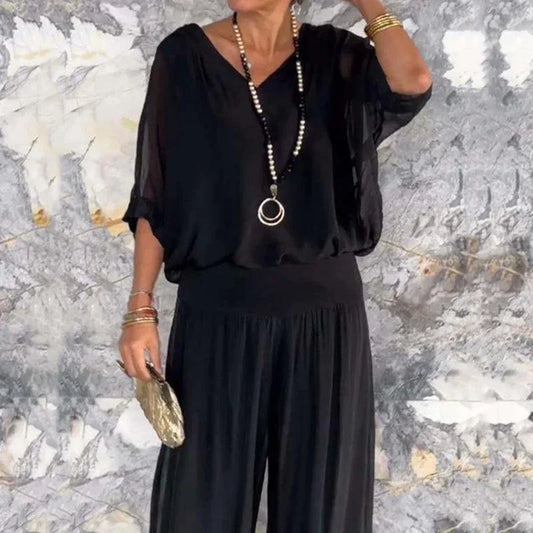 Elegante top de gasa con pantalón-conjunto de dos piezas