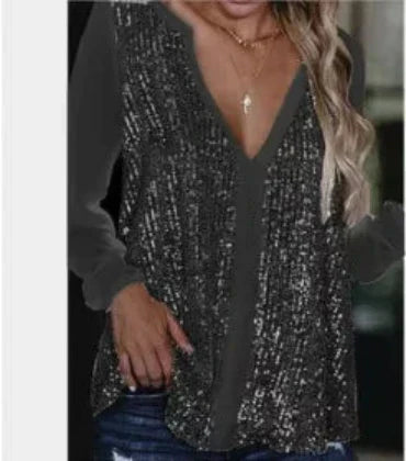Vera | Blusa Holgada con Cuello en V y Lentejuelas para Mujer