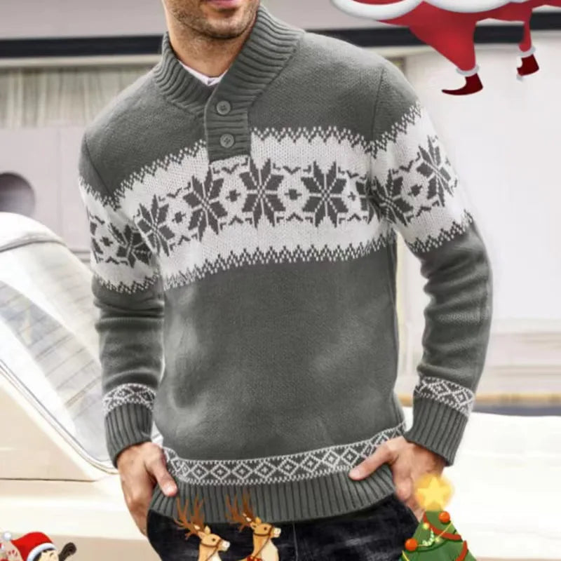 Gifer | Cálido jersey de jacquard con escote redondo y estampado navideño de copos de nieve para hombre