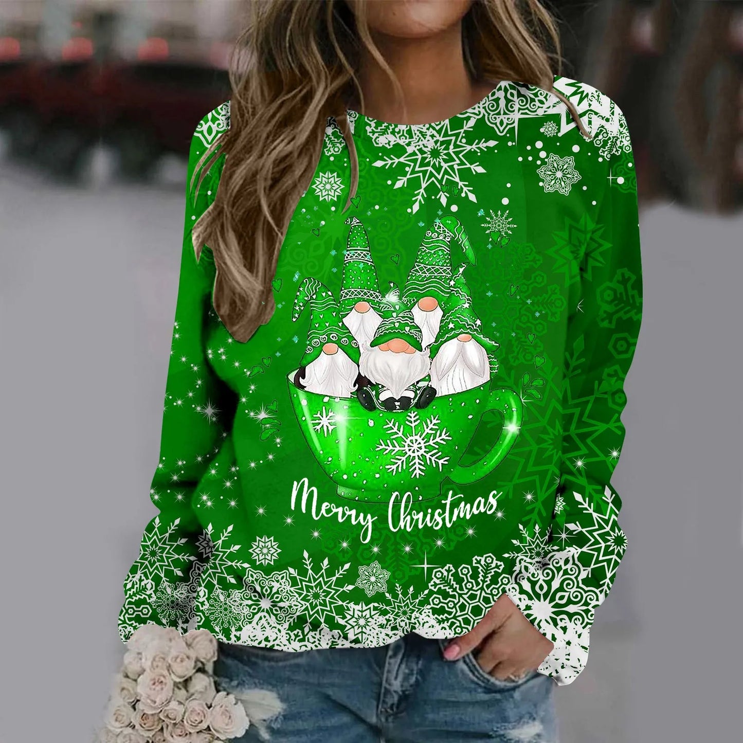 Zorana | Cálido jersey con escote redondo y estampado Merry Christmas para mujer