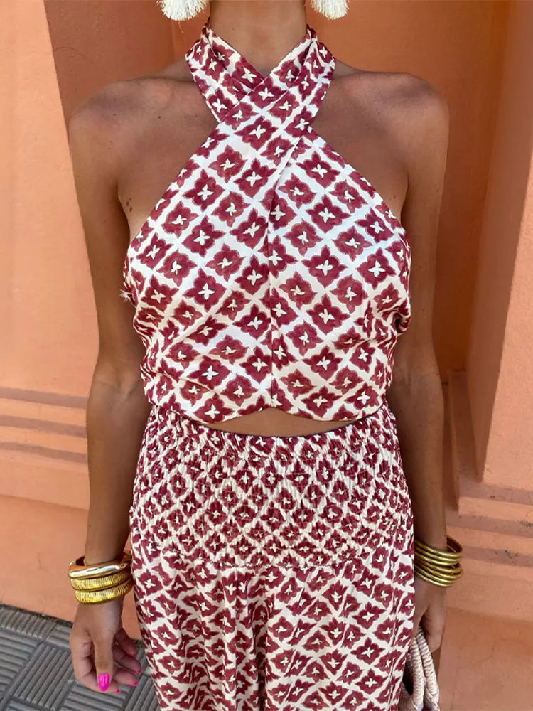 Damska geometryczna sukienka maxi halter