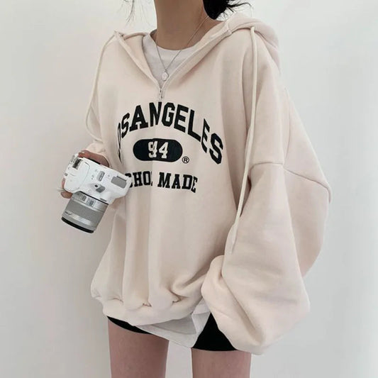 Elisa | Sudadera con capucha oversize beige con estampado de Los Ángeles - Ideal para otoño/invierno