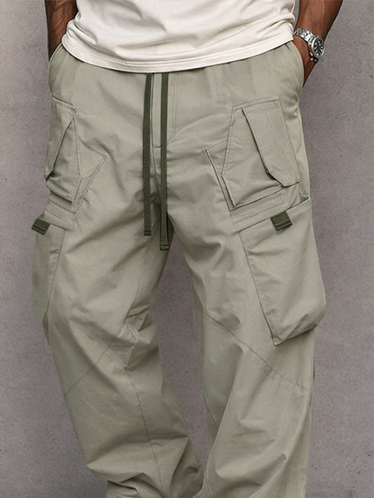 Męskie Luźne Spodnie Cargo z Kieszeniami i Ściągaczem w Pasie