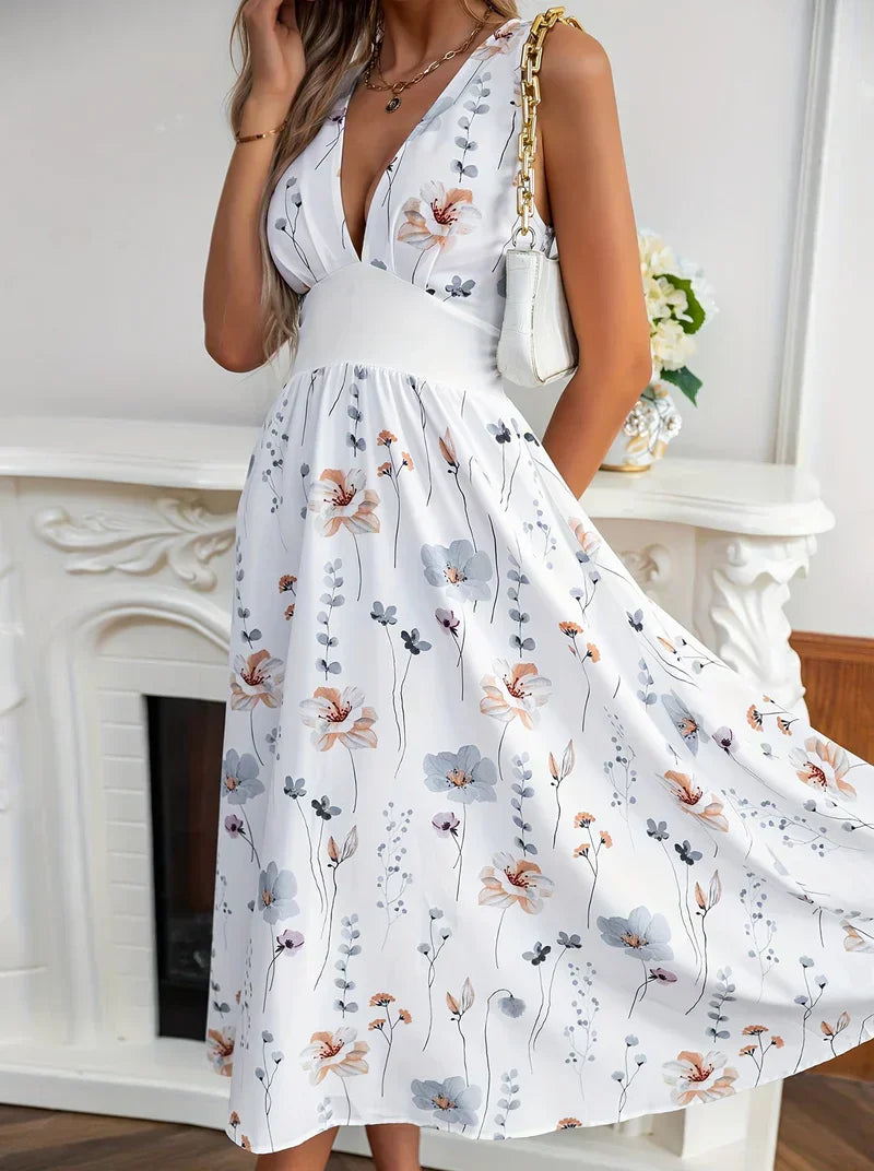 Elegante vestido con estampado floral y escote en V