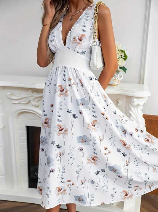 Elegante vestido con estampado floral y escote en V