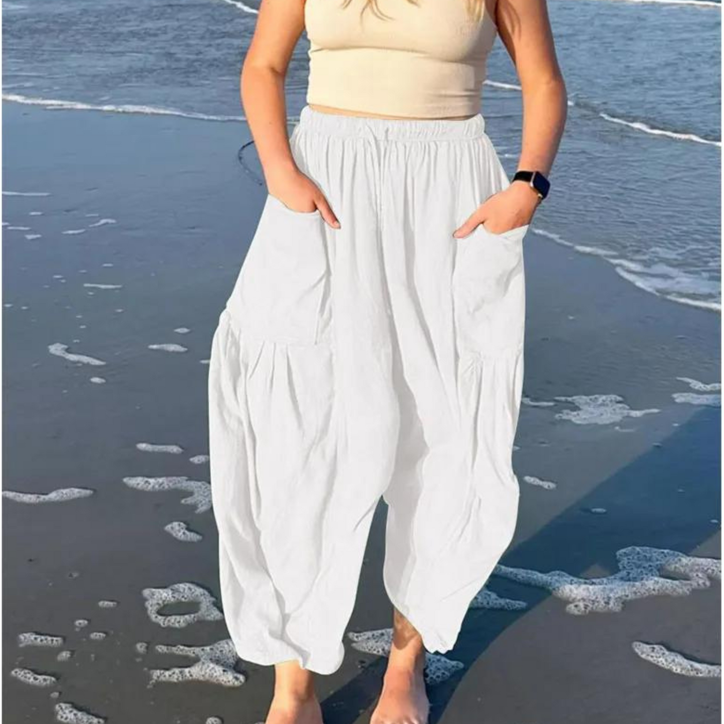 Pantalones anchos de algodón y lino con cintura elástica y bolsillos