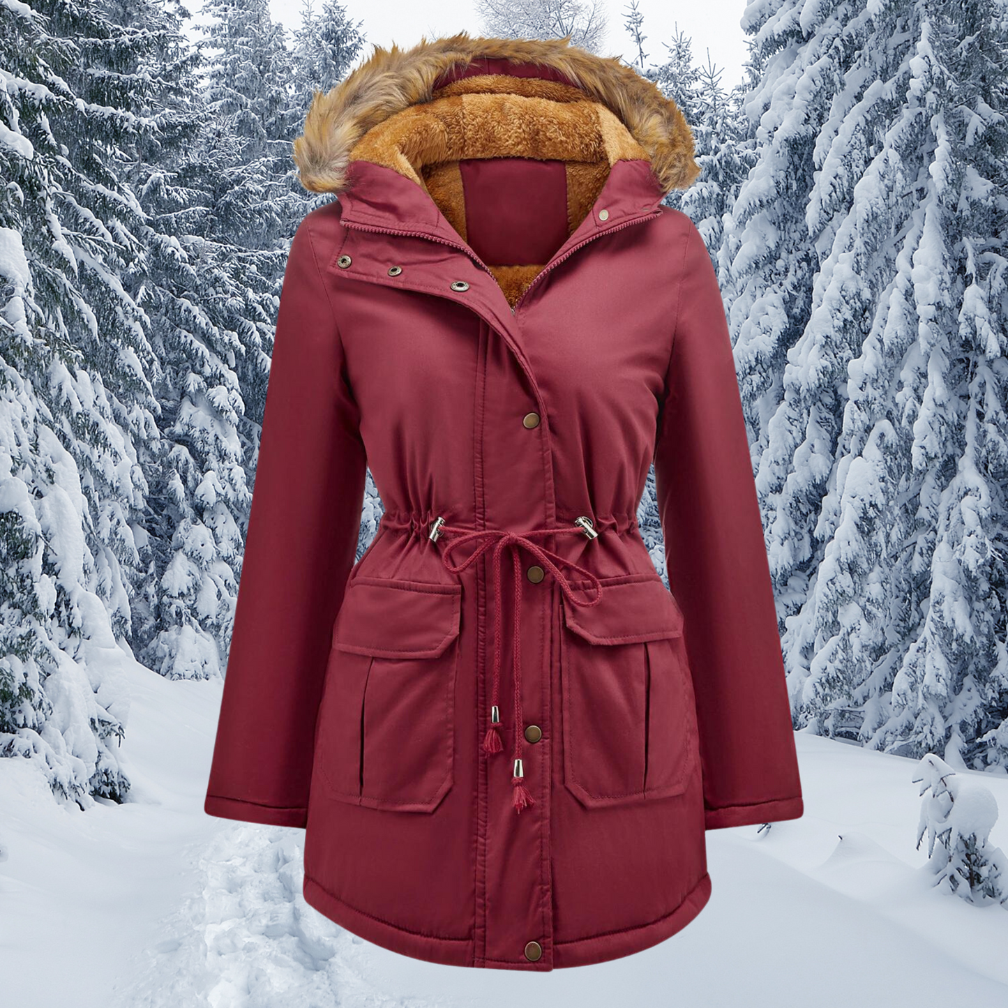 Cuello de piel acolchado con capucha Cálido abrigo de invierno