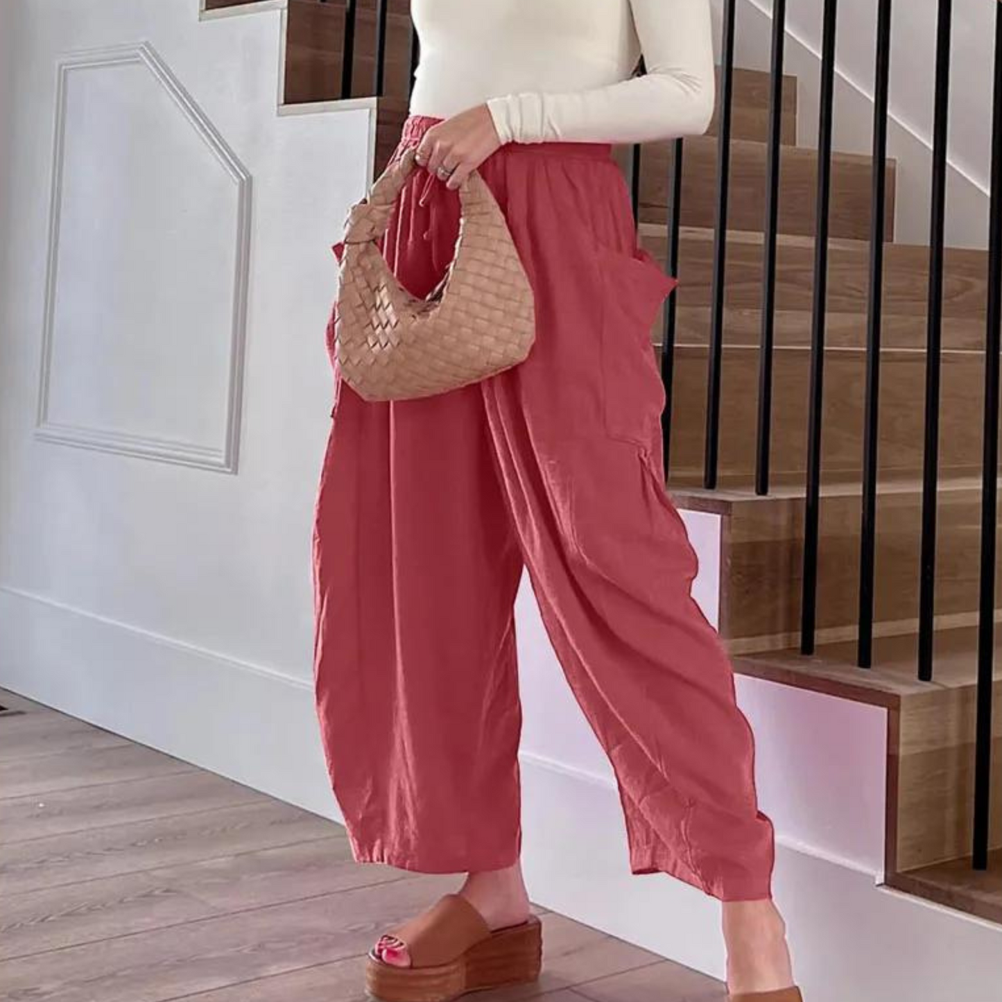 Pantalones anchos de algodón y lino con cintura elástica y bolsillos