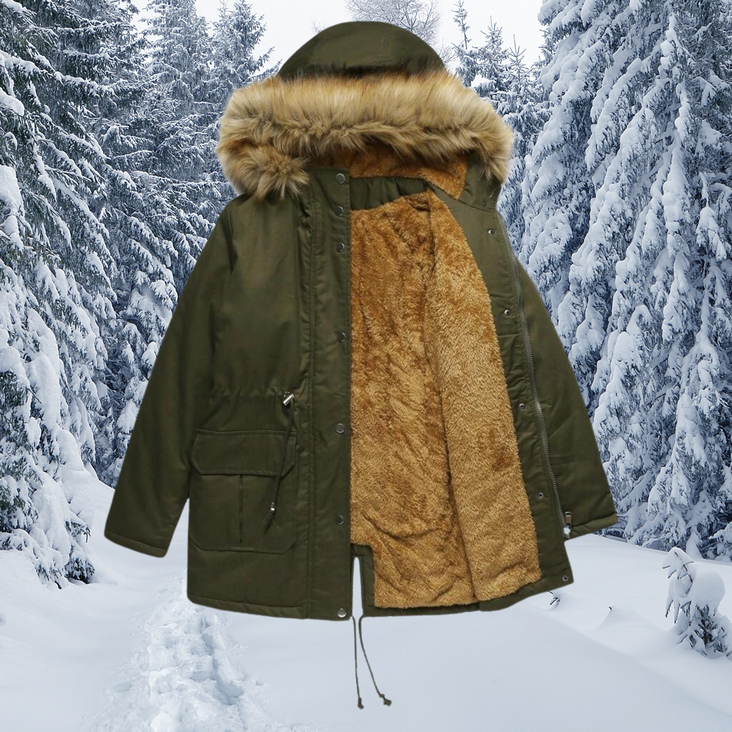 Cuello de piel acolchado con capucha Cálido abrigo de invierno