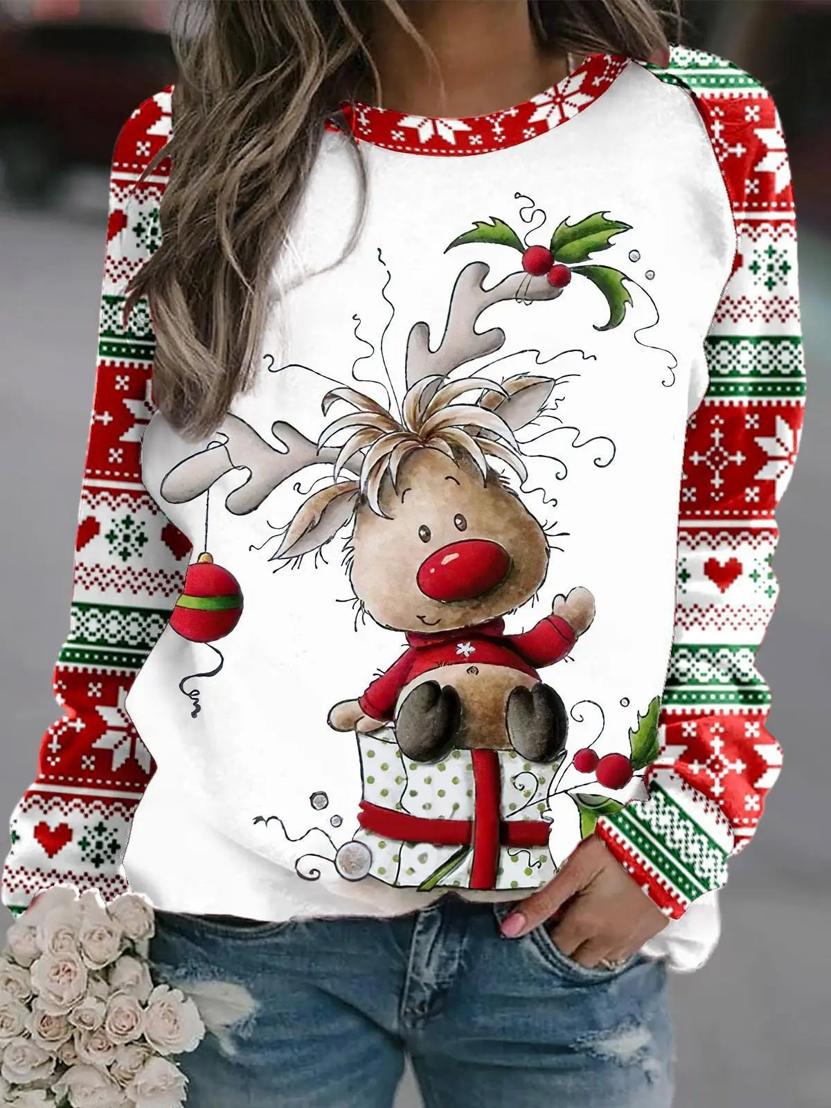 Romina | Cálido jersey con escote redondo y reno navideño estampado en 3D para mujer