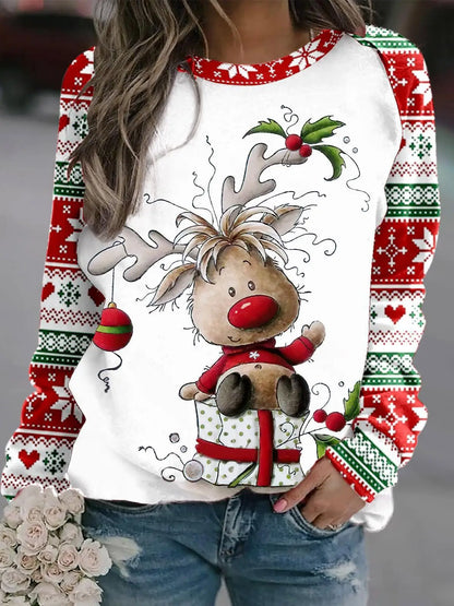 Romina | Cálido jersey con escote redondo y reno navideño estampado en 3D para mujer