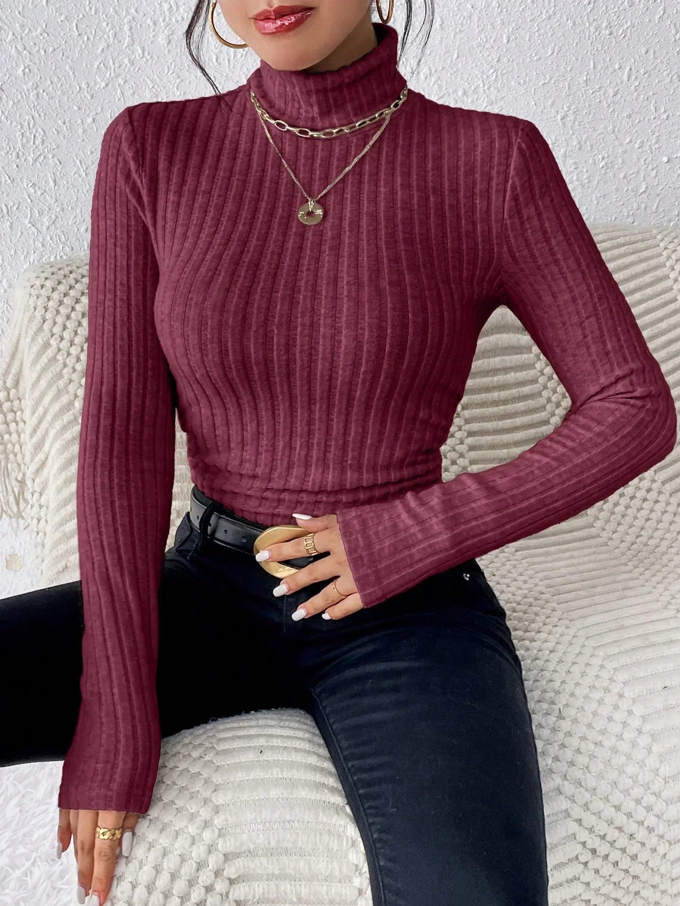 Dustin|Elegante Solid Basic cuello alto de punto para mujer