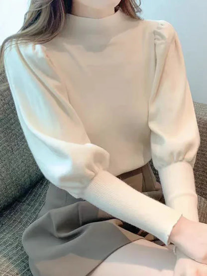 Blusa de cuello redondo y manga larga abullonada para mujer