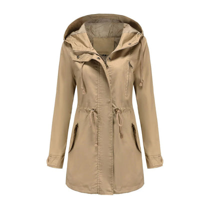 Elegante chubasquero con capucha y cintura ajustable para mujer | Ideal para otoño/invierno