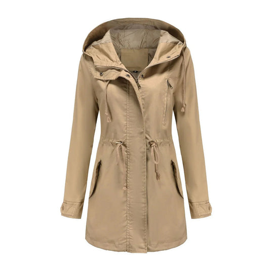 Elegante chubasquero con capucha y cintura ajustable para mujer | Ideal para otoño/invierno