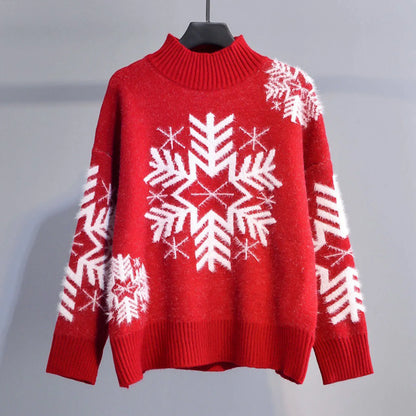 Liane | Cálido jersey de punto con cuello alto y copos de nieve bordados para mujer