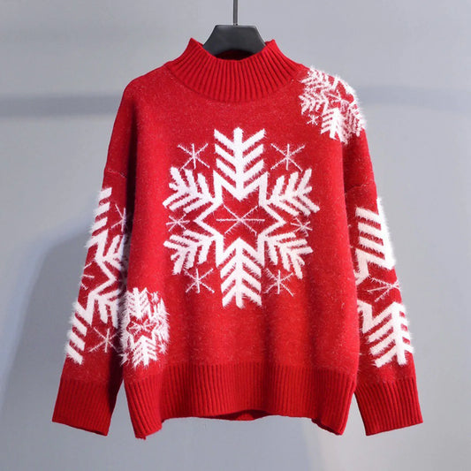 Liane | Cálido jersey de punto con cuello alto y copos de nieve bordados para mujer
