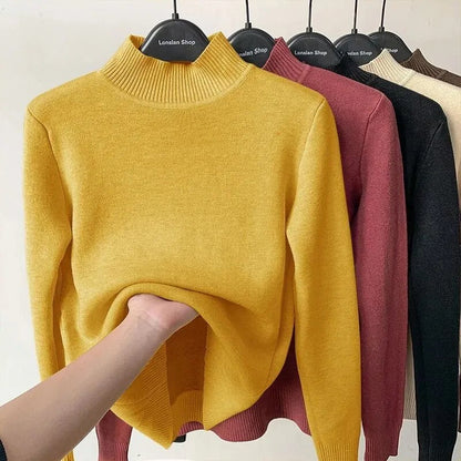 Jersey de cuello alto con forro de terciopelo para mujer