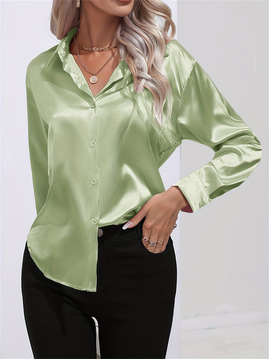 Blusa de satén de manga larga - Cuello con solapa y tejido ligero
