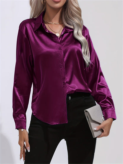 Blusa de satén de manga larga - Cuello con solapa y tejido ligero