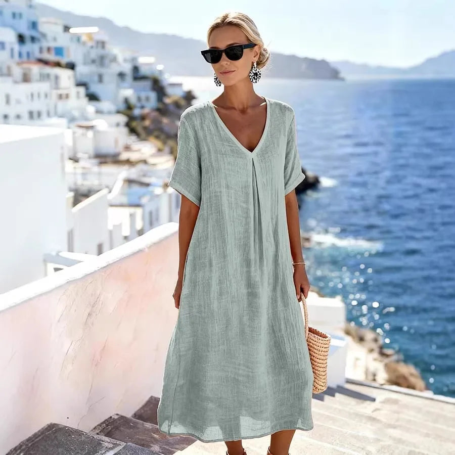 Damska sukienka midi z dekoltem V typu kaftan