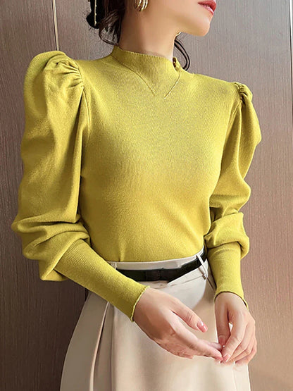 Blusa de cuello redondo y manga larga abullonada para mujer