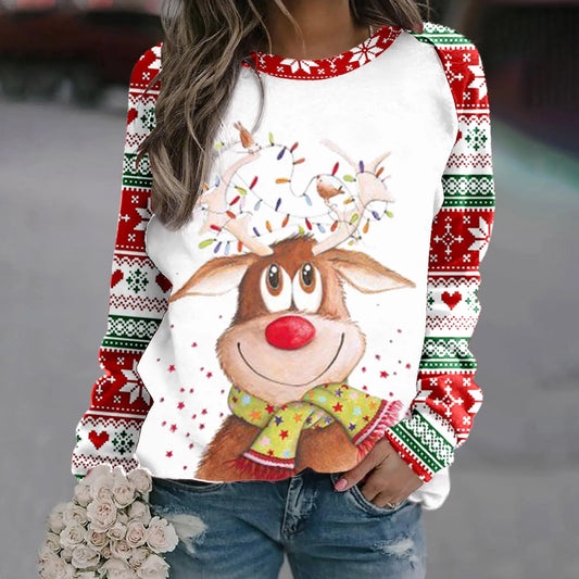Romina | Cálido jersey con escote redondo y reno navideño estampado en 3D para mujer