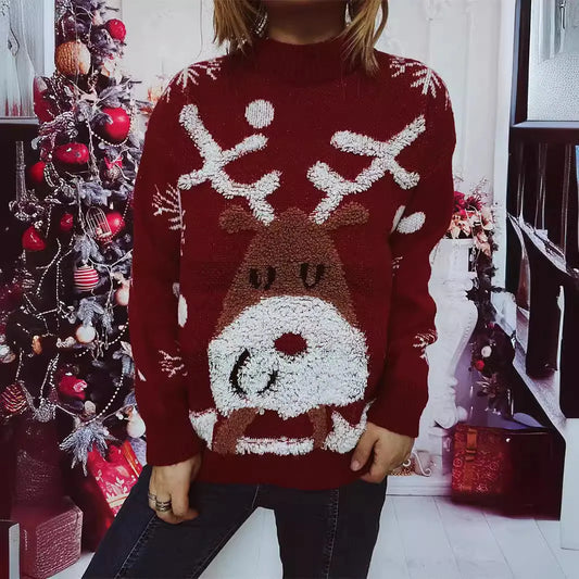 Sandra | Cálido jersey de punto con escote redondo y patchwork de ciervos navideños para mujer