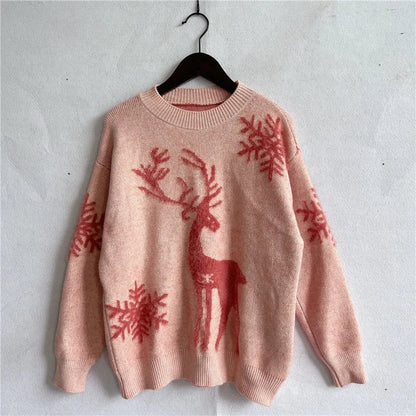Manuela | Cálido jersey de punto con escote redondo y estampado de ciervos y copos de nieve para mujer