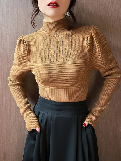 Mona | Jersey de punto de cuello alto con mangas abullonadas para mujer