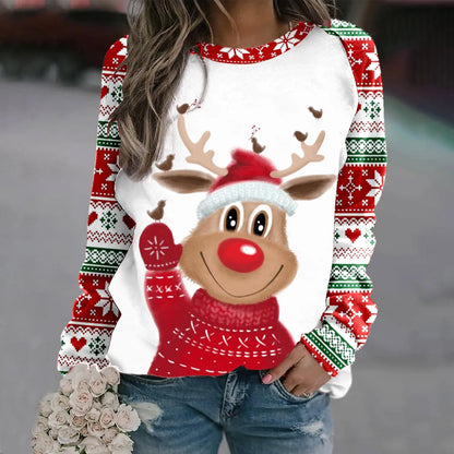 Romina | Cálido jersey con escote redondo y reno navideño estampado en 3D para mujer