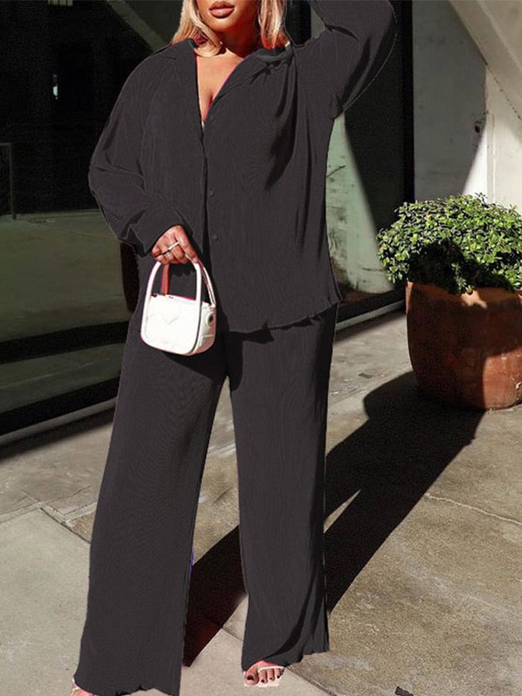 Camisa de manga larga y pantalón ancho | Elegante conjunto de dos piezas para mujer