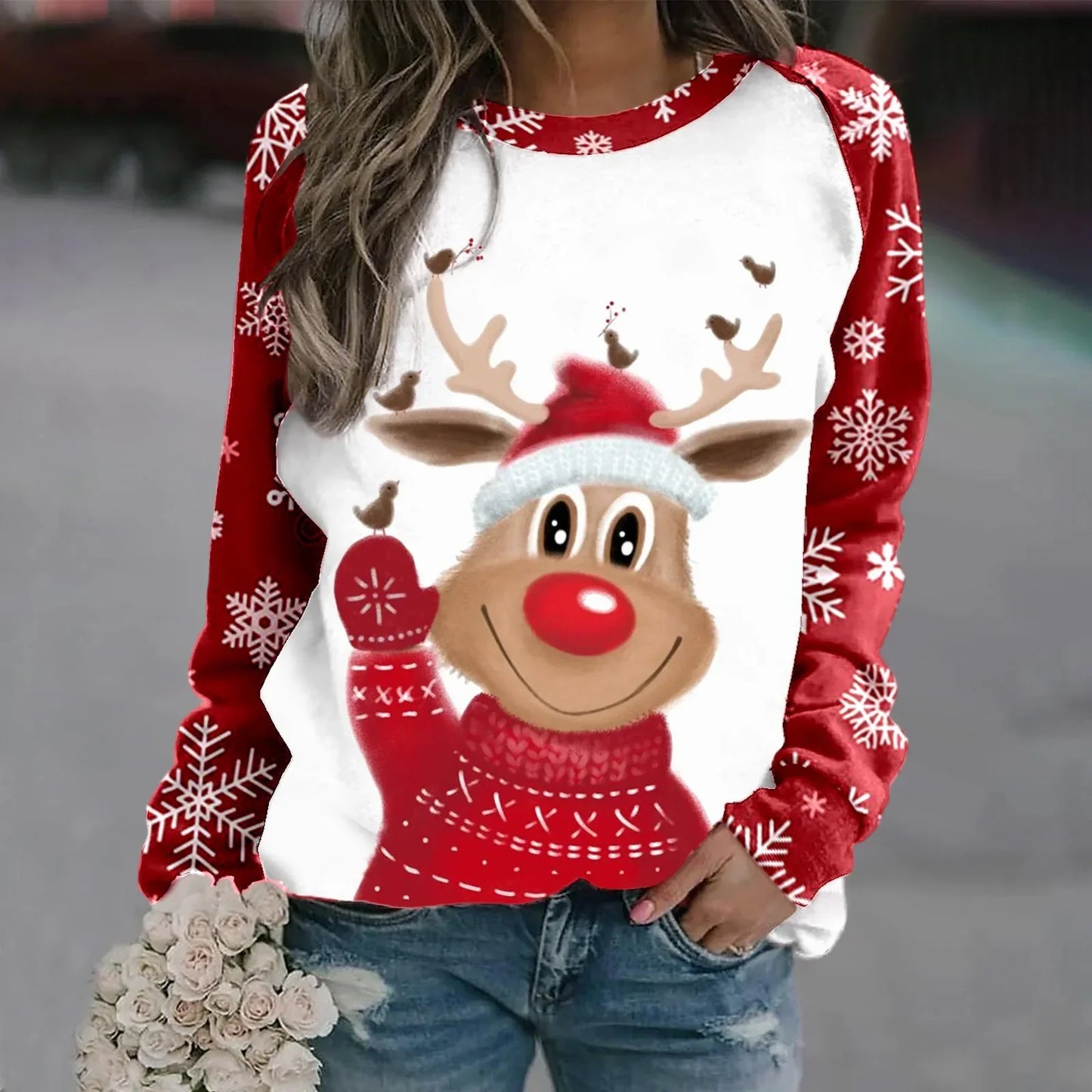 Romina | Cálido jersey con escote redondo y reno navideño estampado en 3D para mujer