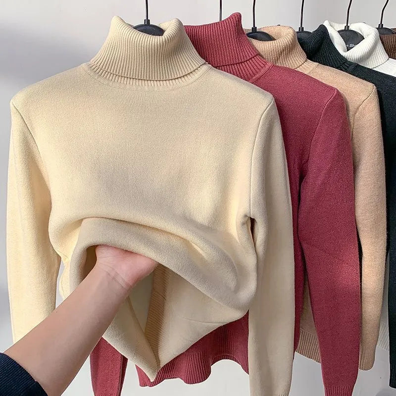 Jersey de cuello alto con forro de terciopelo para mujer