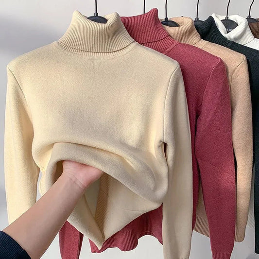 Jersey de cuello alto con forro de terciopelo para mujer