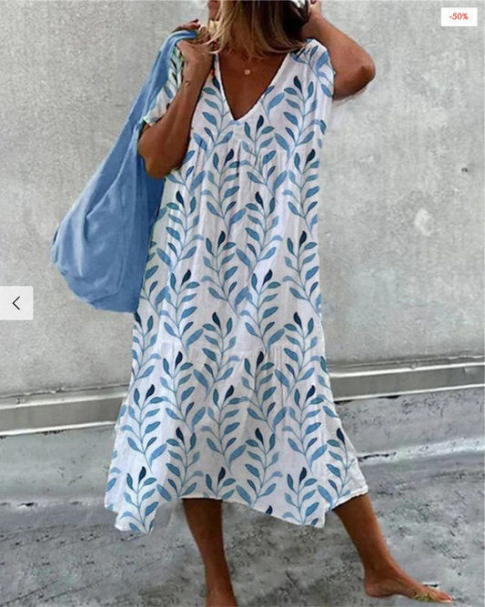 Vestido de mujer con cuello en V y estampado de hojas